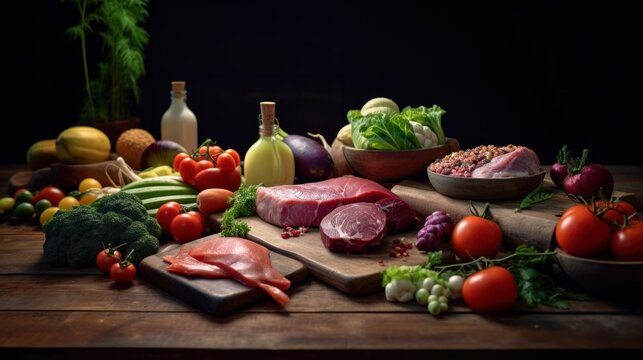 fresh meat on a wooden table with vegetables on a wooden table.AI generated image