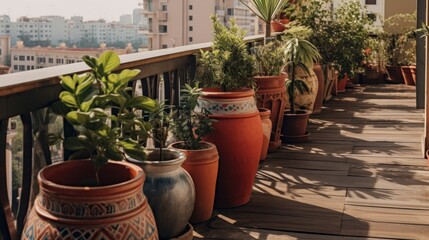 Fototapeta na wymiar terrace of house with flower pots.AI generated image