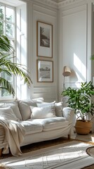 A bright and airy living room with a large white sofa, two paintings on the wall, a tall plant in the corner, and a large rug on the floor.