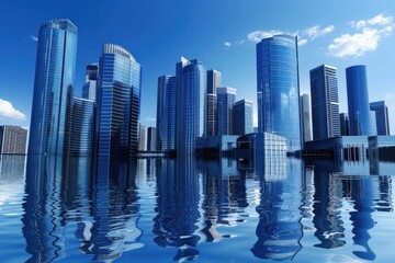 A modern city skyline with skyscrapers and reflections on the water