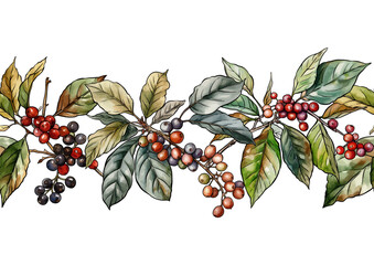 Coffee tree. Branch with leaves and berries. Seamless pattern, background. Vector illustration. In botanical style - 782094990