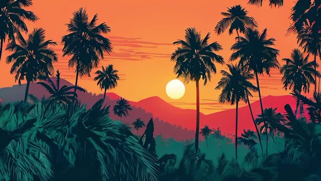 A beautiful sunset over a tropical forest with palm trees. The sky is orange and the sun is setting behind the mountains