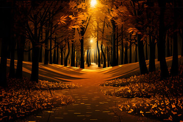 Mystical autumn forest path: Glowing lights and fallen leaves create a magical scene