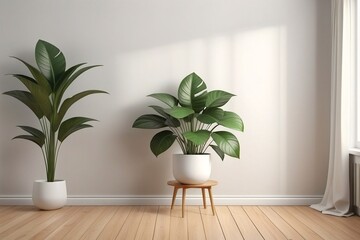 A minimalist interior with two vibrant green plants in white pots, wooden floor, and soft shadows on a clean wall. generative ai - obrazy, fototapety, plakaty