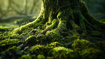 intricate macro photography of an old tree covered in moss