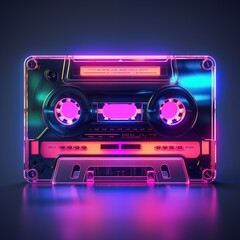 Retro audiocassette. Neon audio cassette. Old-school nostalgia concept - obrazy, fototapety, plakaty