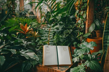 Open book on wooden table surrounded by green plants and potted plants in greenhouse