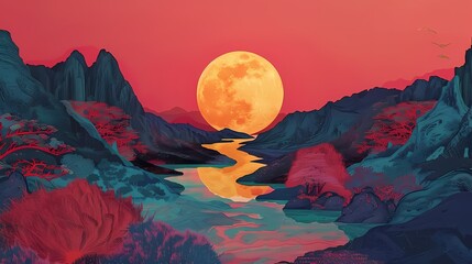 Digital color terrain and moonlight illustration poster PPT background