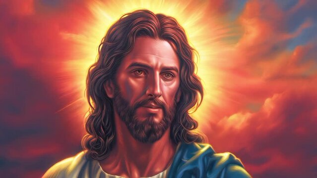 A painting of Jesus with a sun behind him. The painting is very colorful and has a lot of detail
