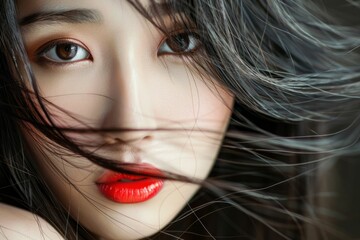 Elegant Asian Woman with Long Black Hair and Red Lipstick Posing for Camera in Studio Portrait