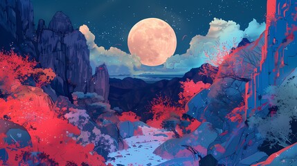 Digital color terrain and moonlight illustration poster PPT background