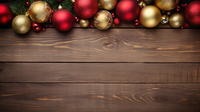 Christmas rustic background - vintage planked wood with decorations and free text space