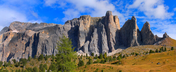 Sellastock, Bergmassiv in den Dolomiten, Italien, Europa, Panorama  - obrazy, fototapety, plakaty