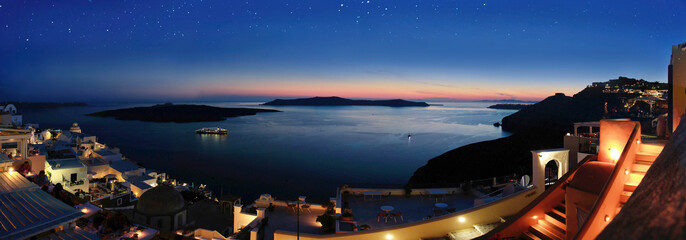 Insel Santorin bei Nacht, Kykladen, Ägäisches Meer,  Panorama, Griechenland, Europa  - obrazy, fototapety, plakaty
