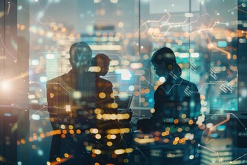 A double exposure of businesspeople in an office with glass walls and digital connections - 782095915