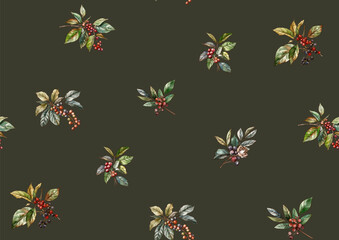 Coffee tree. Branch with leaves and berries. Seamless pattern, background. Vector illustration. In botanical style