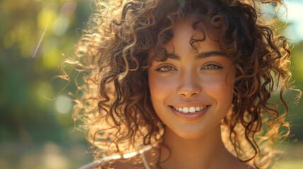 young woman with curly hair smiling while standing outside in a park on a sunny summer afternoon.