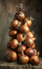A pile of onions is arranged in a pyramid shape