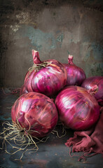 A bunch of red onions are displayed on a table