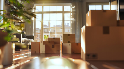 A room full of cardboard boxes with a potted plant in the corner moving to a new house