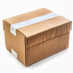 A brown cardboard box with a white tape on the top and bottom
