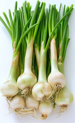 A bunch of green onions are displayed on a white background