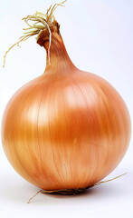 A large unpeeled onion sits on a white background