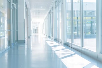 A white school hallway with glass doors on the right - 782096173