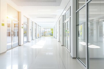 A white school hallway with glass doors on the right