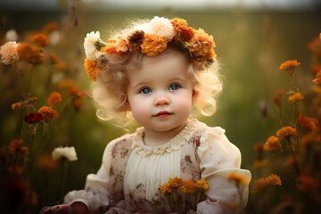 Fototapeta premium Innocent charm among blossoms: A close-up of a baby adorned with a floral crown