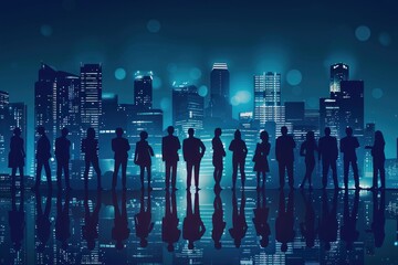 A group of business people standing in front of the city skyline