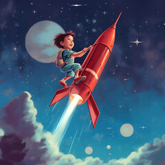 Child's dream of space exploration: A joyful ride on a rocket to the stars - obrazy, fototapety, plakaty