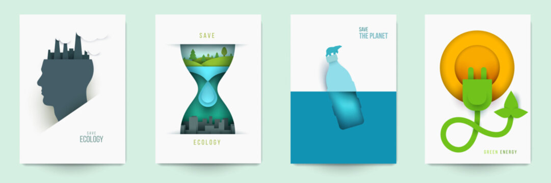Set of ecological banner, cover, poster, card in modern creative paper cut style. Concept design of save nature, green technology, renewable energy, climate environment. Vector illustration.