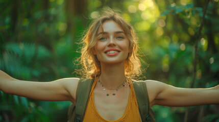 Overjoyed happy woman enjoying the green beautiful nature woods forest around her - concept of female people and healthy natural lifestyle - happiness emotion and adult lady opening arms.