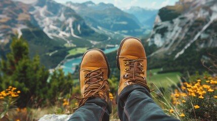 Hiking boot. Legs on mountain trail during trekking in forest. Leather ankle shoes.