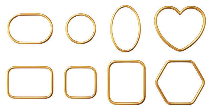 3d gold frames set of geometric shapes: circle, oval, rectangle, square, heart, hexagon. Realistic shiny golden border collection. Stock vector illustration on isolated background.