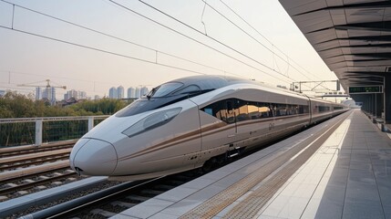 Modern high speed bullet train at a busy train station in China, with passengers boarding and departing, surrounded by urban architecture