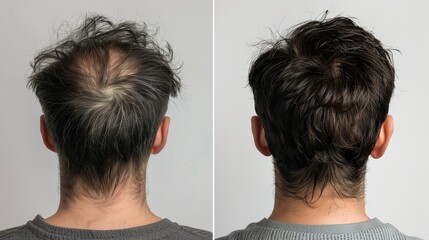 Back view of man head before and after hair care using hair serum