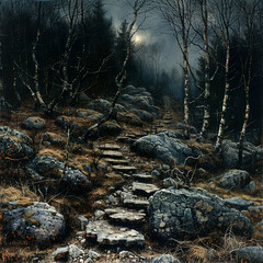 Fototapeta premium A dark and mysterious forest path illuminated by a single moonbeam