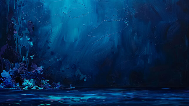 A painting of a blue ocean with a few pieces of blue paint on the wall. The mood of the painting is calm and serene