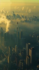 A dramatic cityscape unfolds at dawn, industrial towers emit steam into the misty morning air, with the city's architecture silhouetted against the early light.