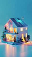 An artistically illuminated model of an eco-friendly home at twilight, showcasing solar panels and a warm, inviting atmosphere.
