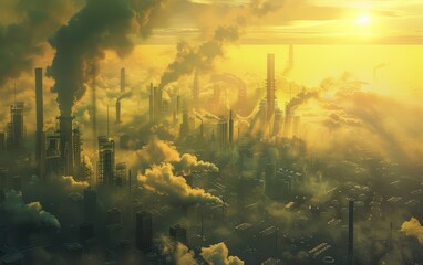 A sunrise scene showing industrial smokestacks emitting smoke above a mist-covered city with emerging skyscrapers.