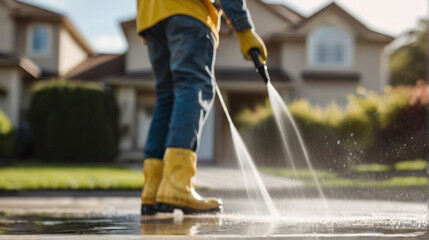 Pressure washing driveway. Close up on water splash and worker in worker boots cleaning driveway with pressure washer.