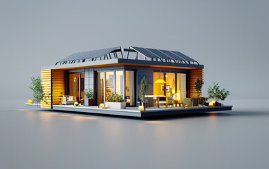 Modern spacious home with an expansive solar roof, showcasing an eco-conscious design with evening ambiance.