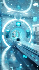 A state-of-the-art diagnostic facility featuring a high-tech MRI scanner surrounded by interactive digital interfaces and ambient blue lights.