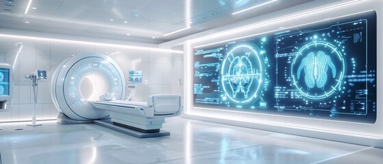 A state-of-the-art MRI scanner dominates this modern, brightly lit medical room with advanced digital displays showcasing human anatomy.