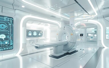 A state-of-the-art MRI imaging facility with glowing interfaces and a central diagnostic scanner.