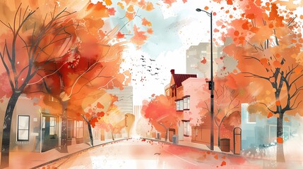 Watercolor autumn city illustration poster background