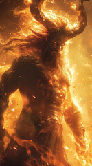 A fiery entity roars to life, its horns ablaze with elemental fury, against a turbulent inferno backdrop.